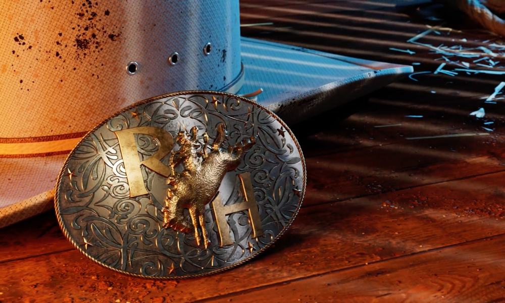 A 3D animated worn cowboy hat and a detailed rodeo belt buckle with a bull rider design, resting on a wooden surface.