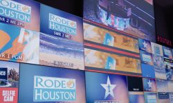 Control room monitors displaying various angles and graphics for a "RODEO HOUSTON" event.
