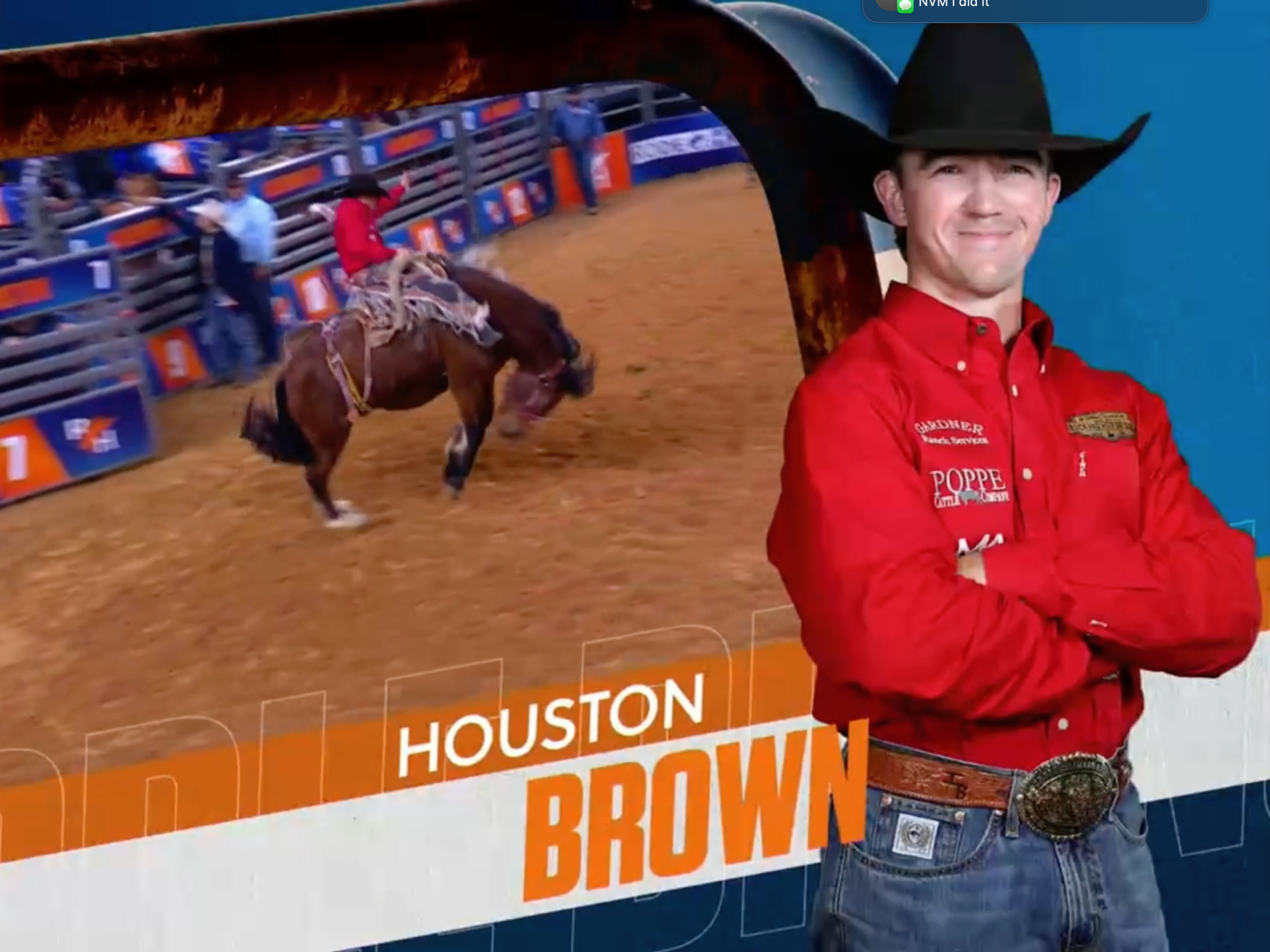 Cowboy in red shirt posing next to action shot of rodeo bronc riding, with his name 