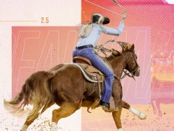 Cowgirl roping from horseback with "BARREL RACING" text and a pink-toned backdrop at a rodeo event.