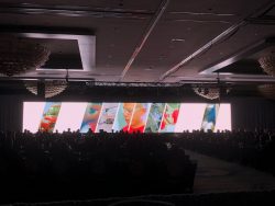 Audience watches a widescreen presentation featuring automotive visuals during a Gulf States Toyota event in a dark, chandelier-lit ballroom.
