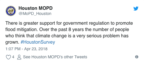 There is greater support for government regulation to promote flood mitigation. Over the past 8 years the number of people who think that climate change is a very serious problem has grown. #HoustonSurvey