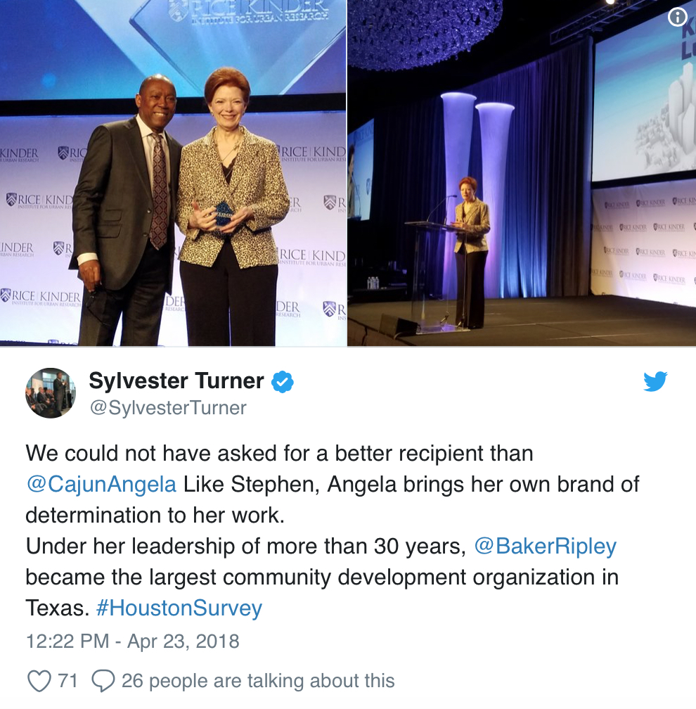 We could not have asked for a better recipient than @CajunAngela Like Stephen, Angela brings her own brand of determination to her work. Under her leadership of more than 30 years, @BakerRipley became the largest community development organization in Texas. #HoustonSurvey