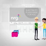 Animated characters shake hands in a kitchen with an "NRG Electricity Plans" ad on the screen.