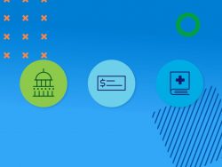 3 icons: building, paycheck, insurance