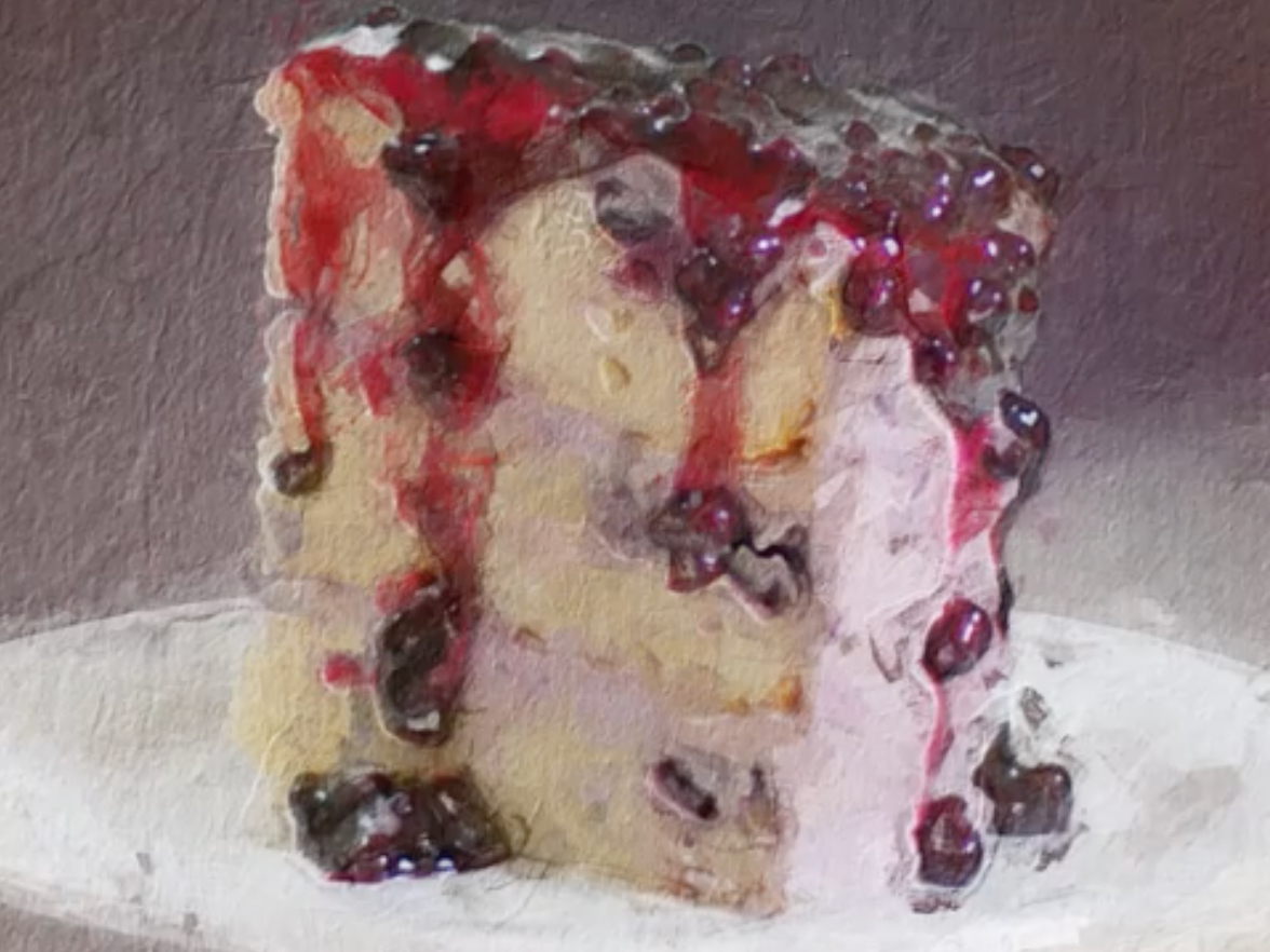 Slice of Dessert Gallery Lemon Blueberry cake remade in the style of Claude Monet with graphics