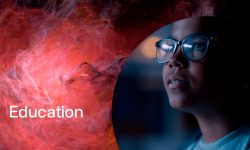 black girl looking fascinated out a window with red galaxy graphics and "Education"