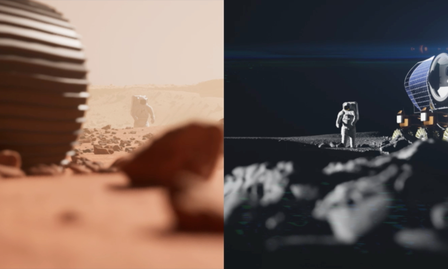 split screen 3D astronaut on Mars and 3D astronaut on Mars