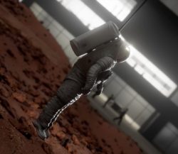3D astronaut floating in Lunar Mars Facility