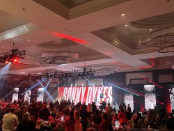 Moment in ballroom when Sonny Dykes is announced the 2023 PBB Coach of the Year