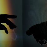 two hands, one with an astronaut glove, outstretched to touch in the style of The Creation of Adam by Michelangelo