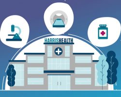 Graphic of "HARRISHEALTH" hospital with lab and pharmacy icons, flanked by trees against a blue backdrop.