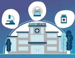 Graphic of "HARRISHEALTH" hospital with lab and pharmacy icons, flanked by trees against a blue backdrop.