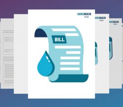 Illustration of a medical bill from Harris Health System with a water droplet icon, indicating healthcare billing documents.