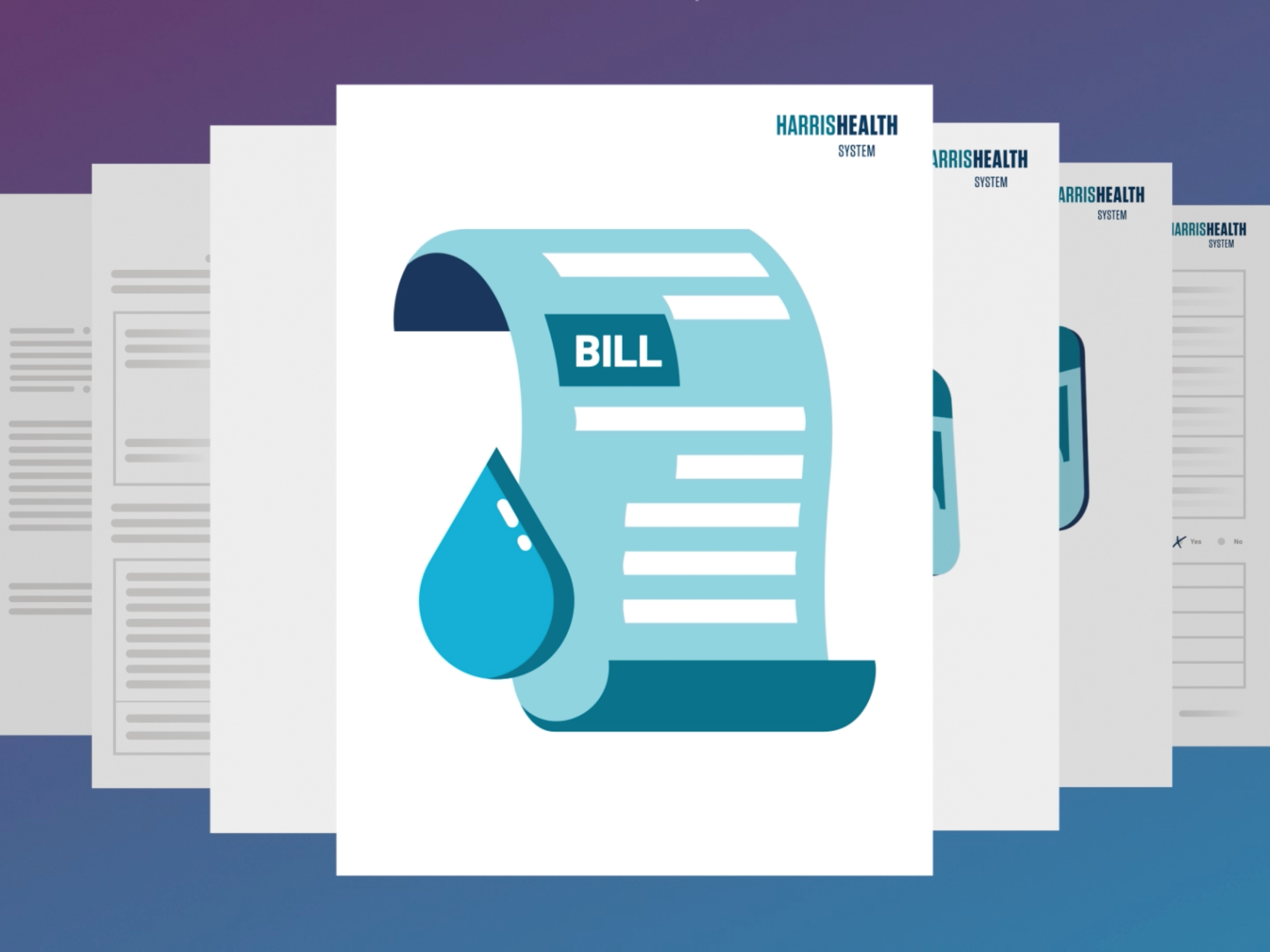 Illustration of a medical bill from Harris Health System with a water droplet icon, indicating healthcare billing documents.
