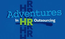 Title screen with the text "Adventures in HR Outsourcing" in a dynamic, colorful design.