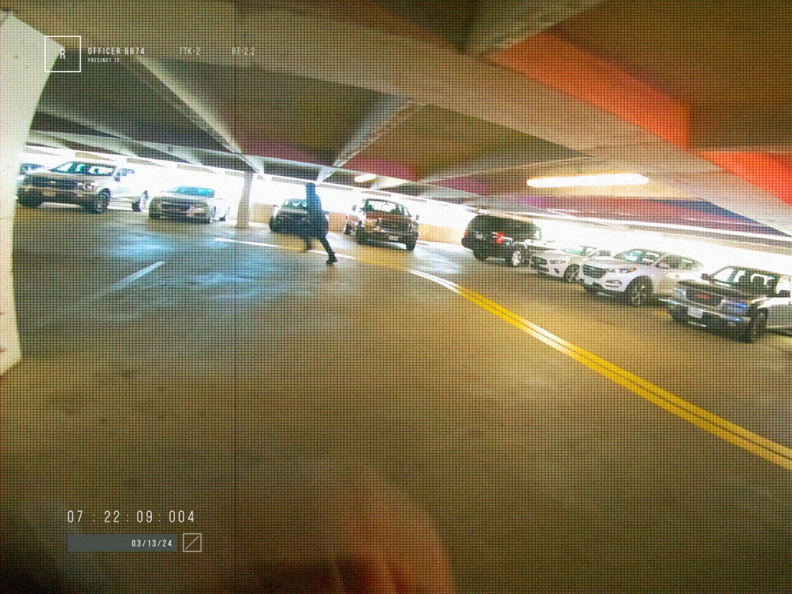 A surveillance camera feed shows a person running through a parking garage with parked cars. Timestamp and officer identification are visible on screen.