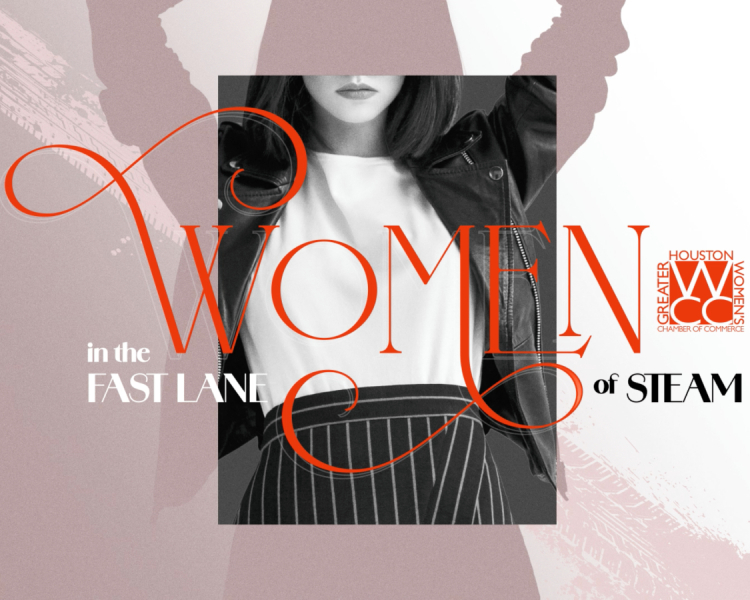 Stylized Women in the Fast Lane of STEAM graphic featuring bold typography, modern fashion imagery, and GHWCC branding with sleek design elements.