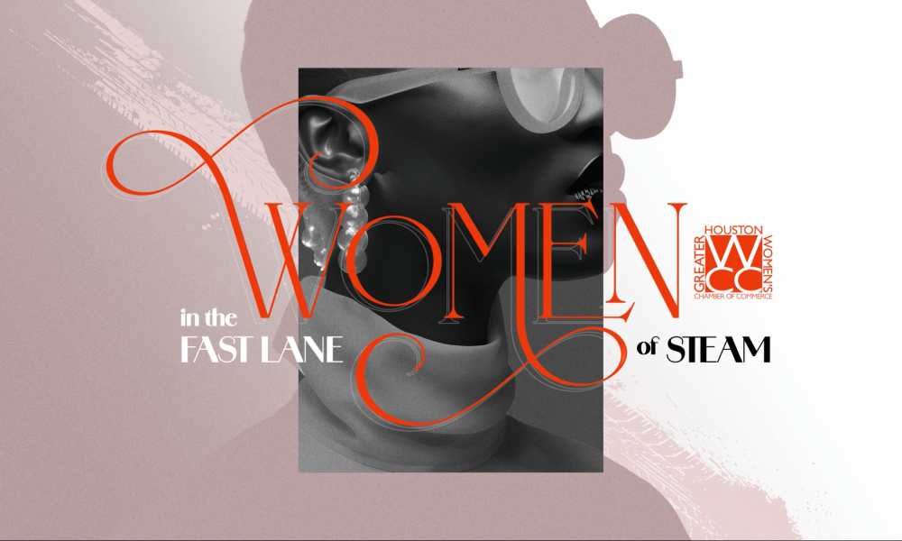 Stylized Women in the Fast Lane of STEAM graphic featuring bold typography, modern design elements, and GHWCC branding with a sleek portrait.