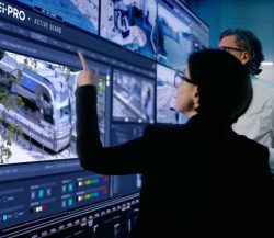 Two security professionals analyze surveillance footage on a large screen displaying i-PRO’s Active Guard system, which monitors multiple feeds and data.