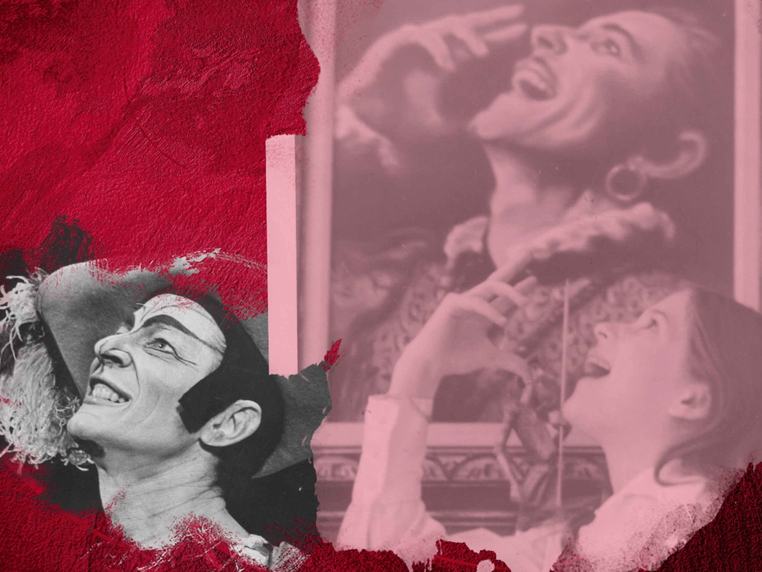 A textured red collage featuring vintage opera photos, including a performer in costume and a child mimicking a dramatic pose from a portrait.