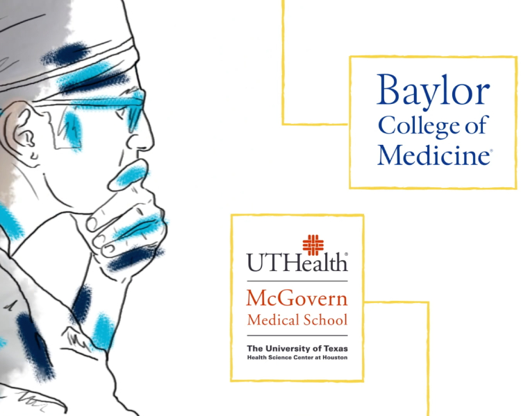 Illustration of a thoughtful medical professional beside logos for Baylor College of Medicine and UTHealth McGovern Medical School.