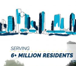 Illustrated blue and white Houston skyline with text reading "Serving 6+ million residents" in bold navy font beneath the image.