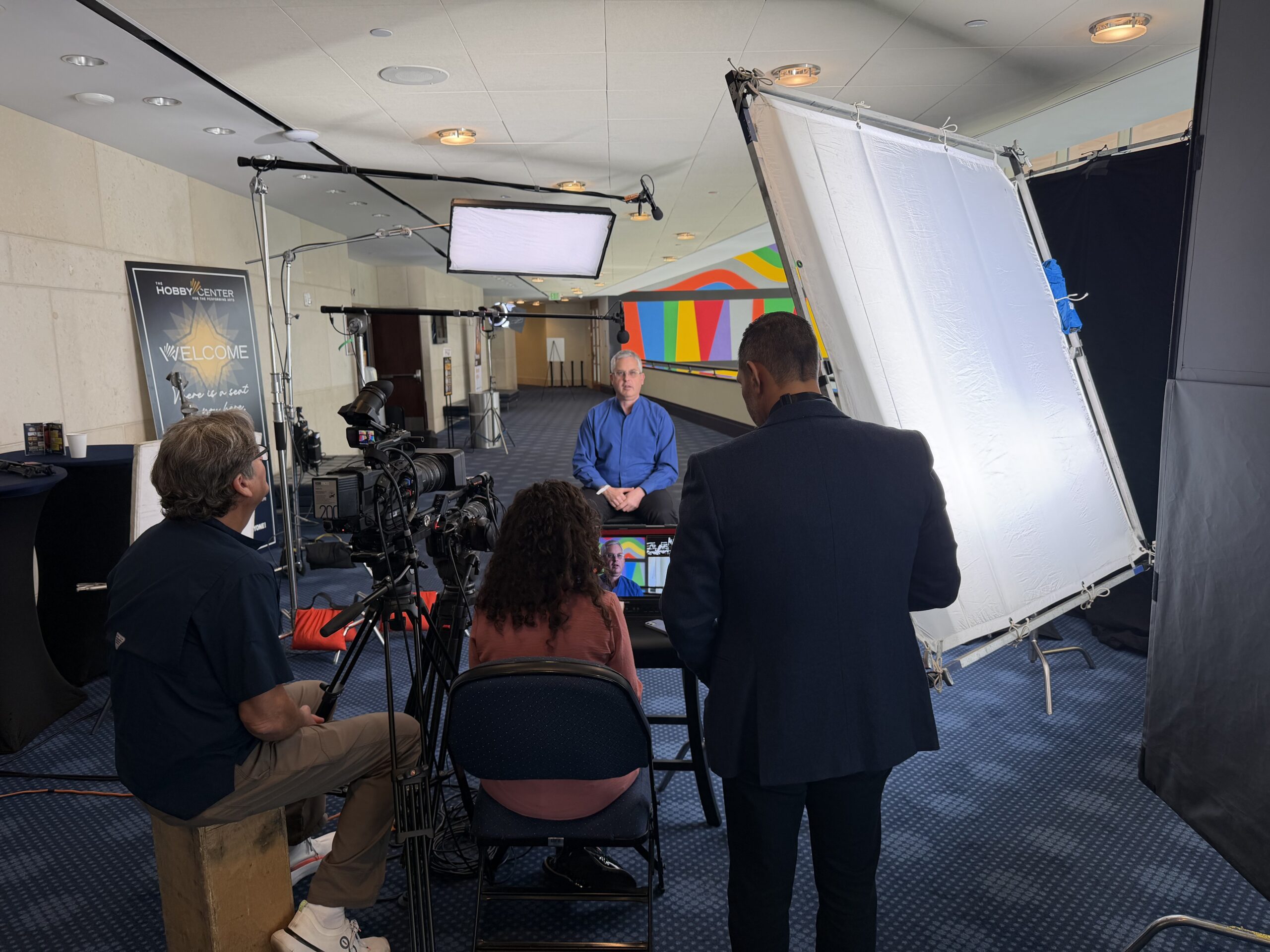 VISION Production Group filming an interview for the Hobby Center for the Performing Arts gala video production in Houston.